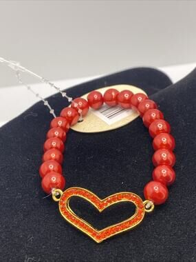 Womens Heart Rhinestone Red Faux Pearl Bracelet